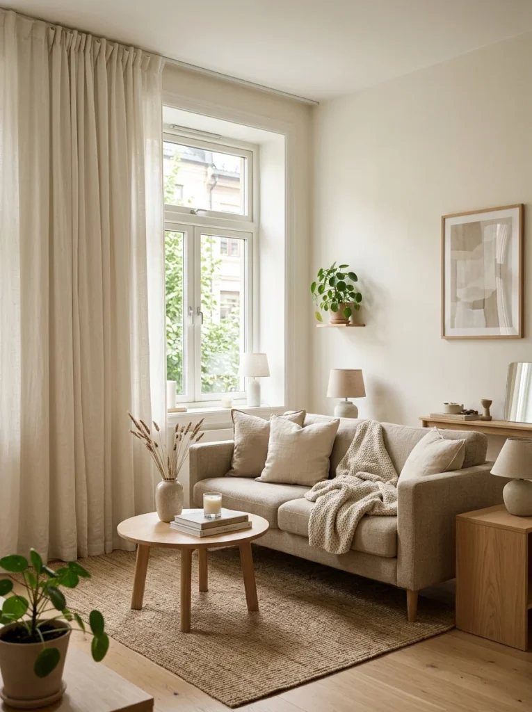 Warm white curtains matching the living room walls for a seamless look.