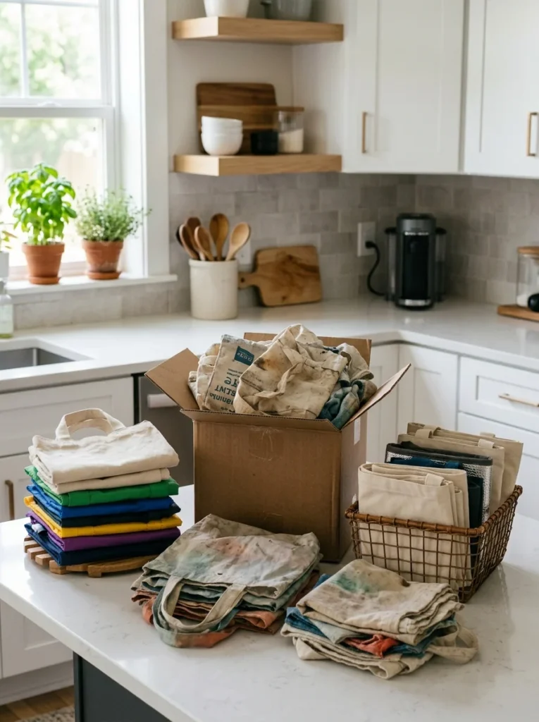 Reusable grocery bags being sorted and decluttered