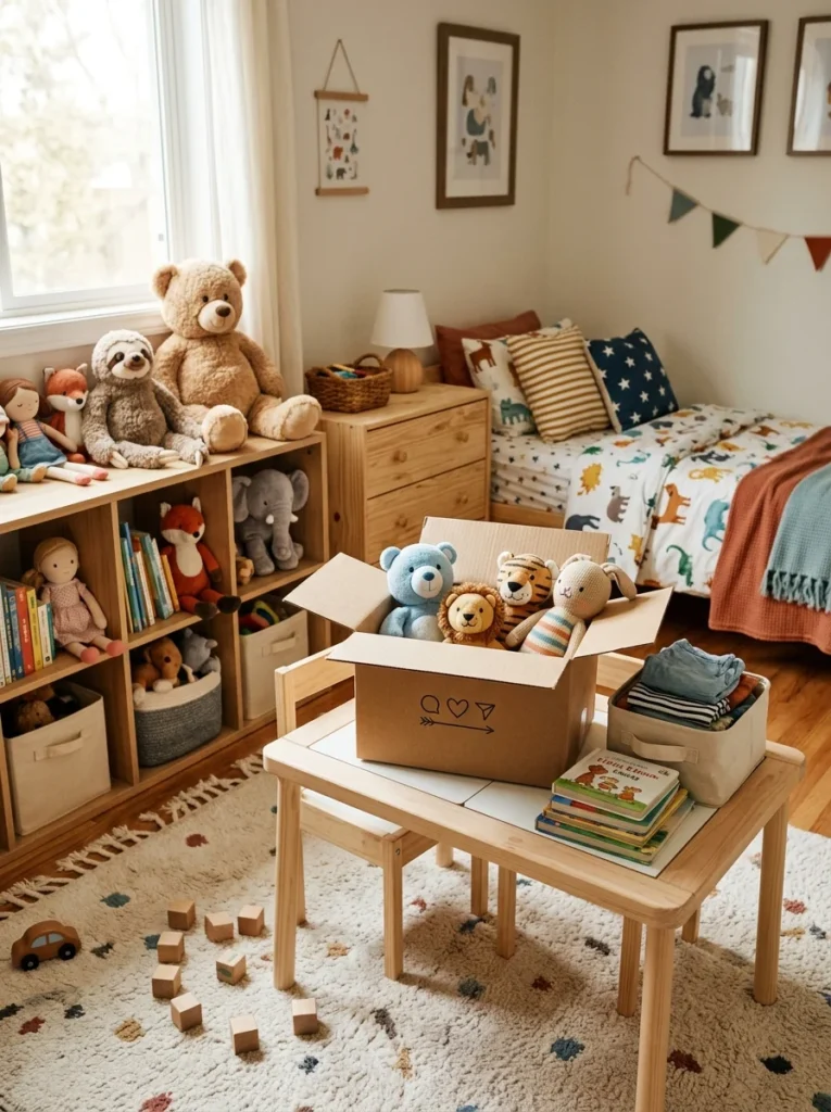 Stuffed animals sorted for donation during a bedroom declutter