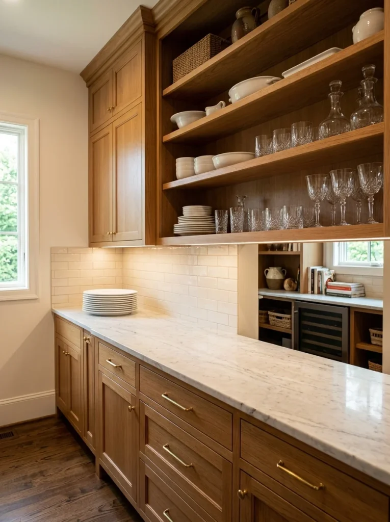 Clear prep counter provides staging space for dishes in a butler’s pantry.