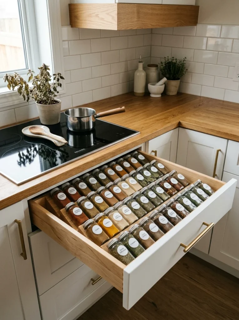 Tiered spice drawer organized beside a kitchen cooking zone