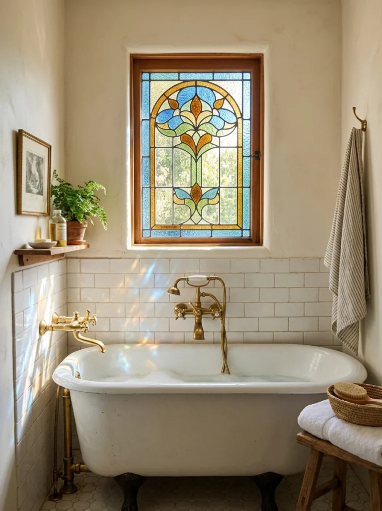 Decorative stained glass bathroom window providing privacy and colorful natural light.