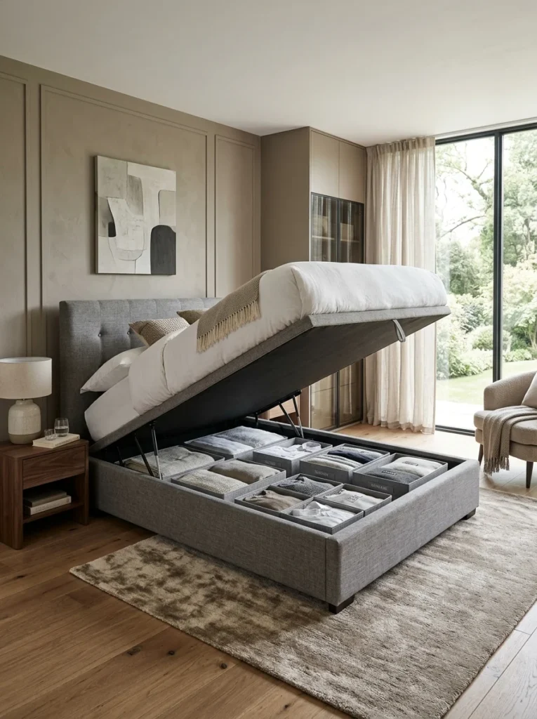 Lift-top storage bed revealing a large hidden compartment