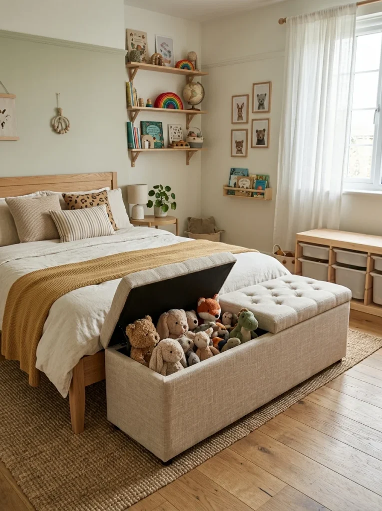 : Storage bench holding stuffed animals at the foot of a bed