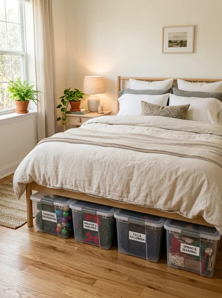 Labeled bins storing seasonal decorations under a bed