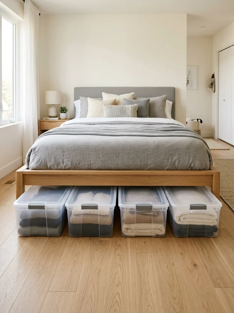 Flat lidded storage bins organized beneath a bed