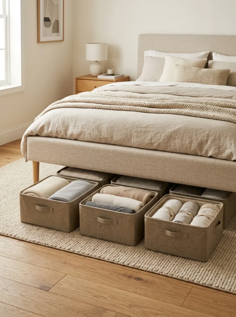 Fabric storage bins beneath a stylish bedroom bed