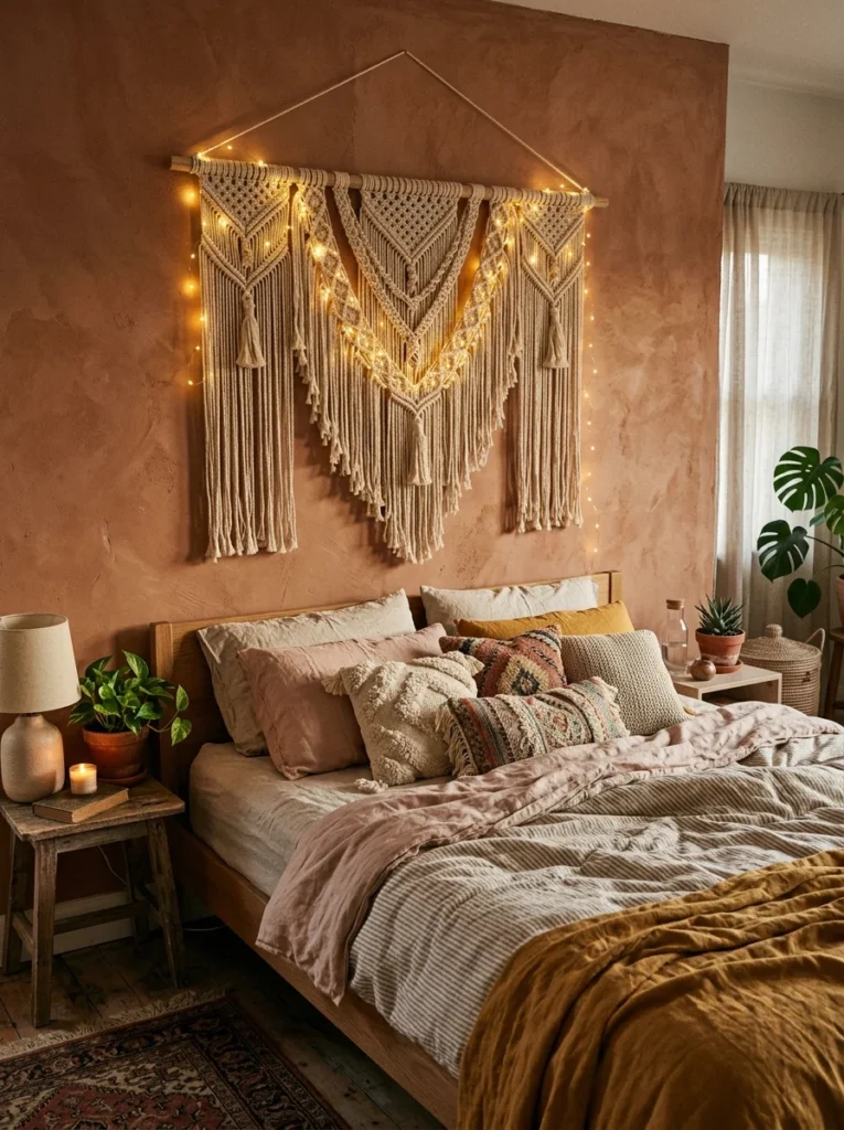 oven rattan floor lamp in a boho bedroom.