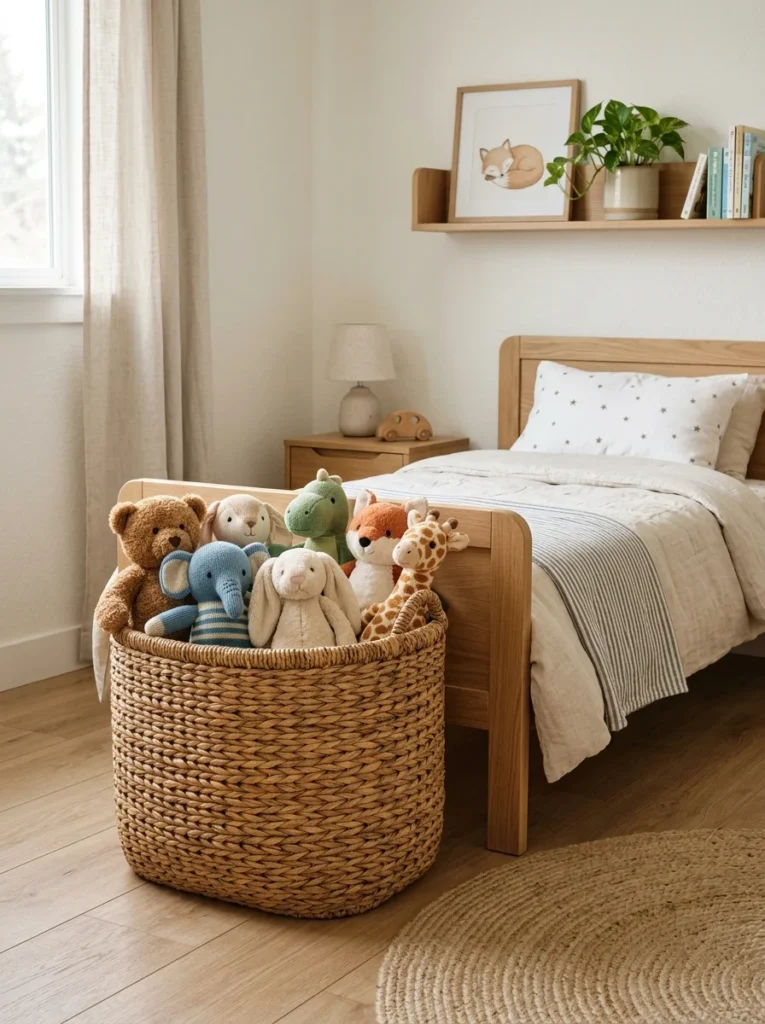 Large woven basket storing stuffed animals beside a bed