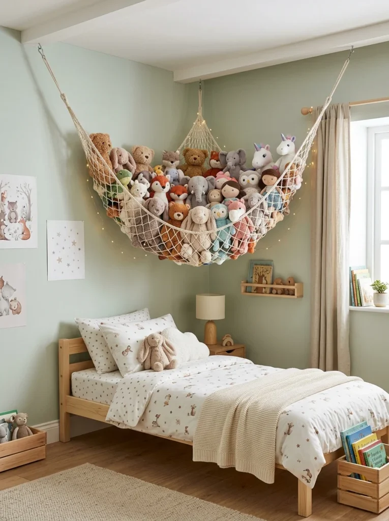 Ceiling hanging net filled with stuffed animals