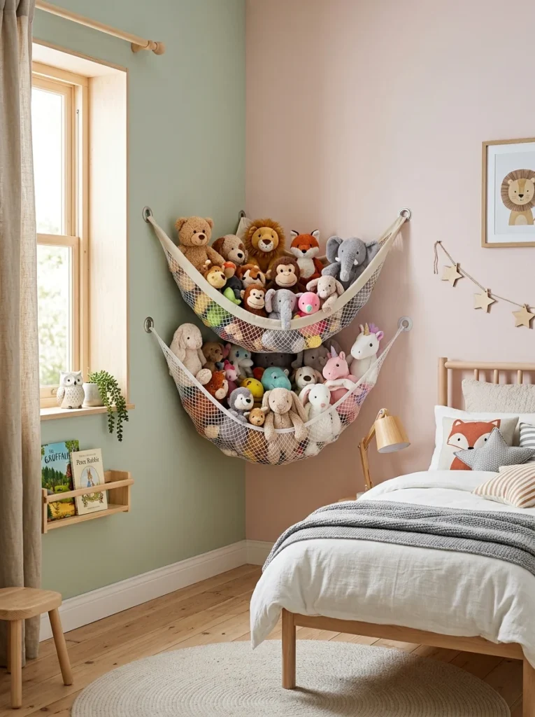Hanging mesh hammock filled with stuffed animals in a kids' room