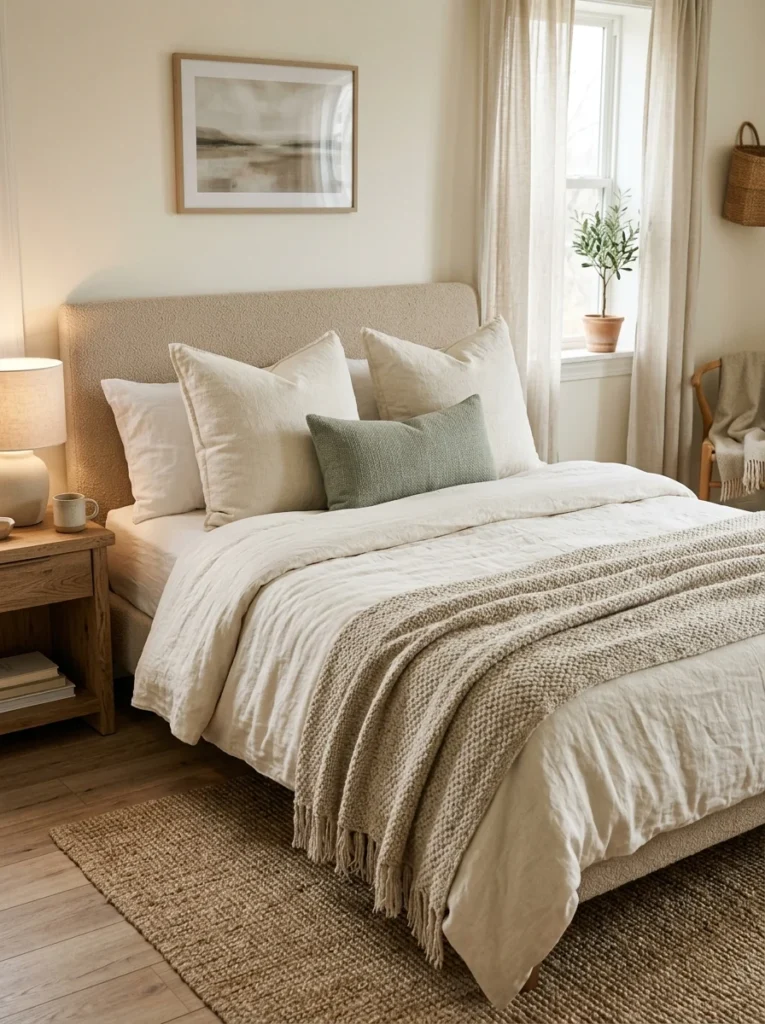 Layered aesthetic bed with linen bedding, pillows, and a textured throw.