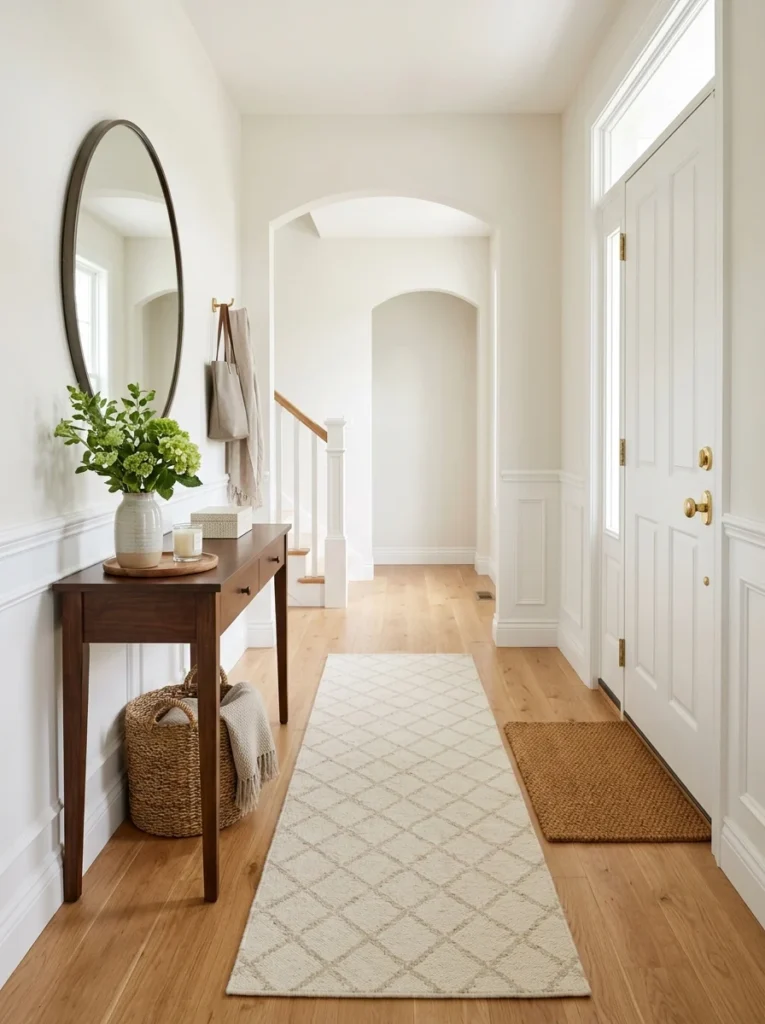 Timeless neutral runner styled for an attractive entryway