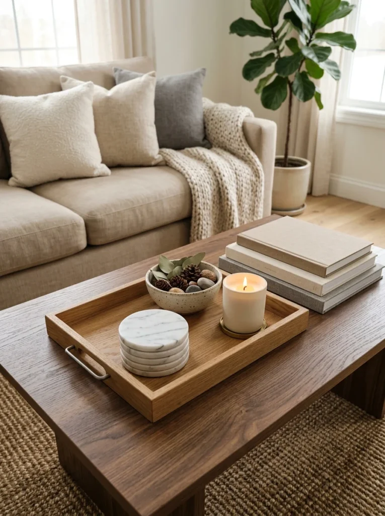 Marble coasters are displayed as part of a stylish coffee table arrangement.