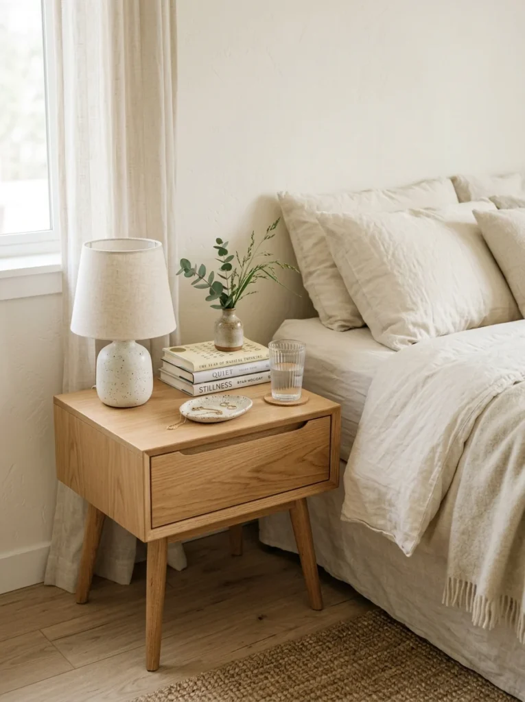Minimal bedroom nightstand with a lamp, books, vase, and ceramic dish.