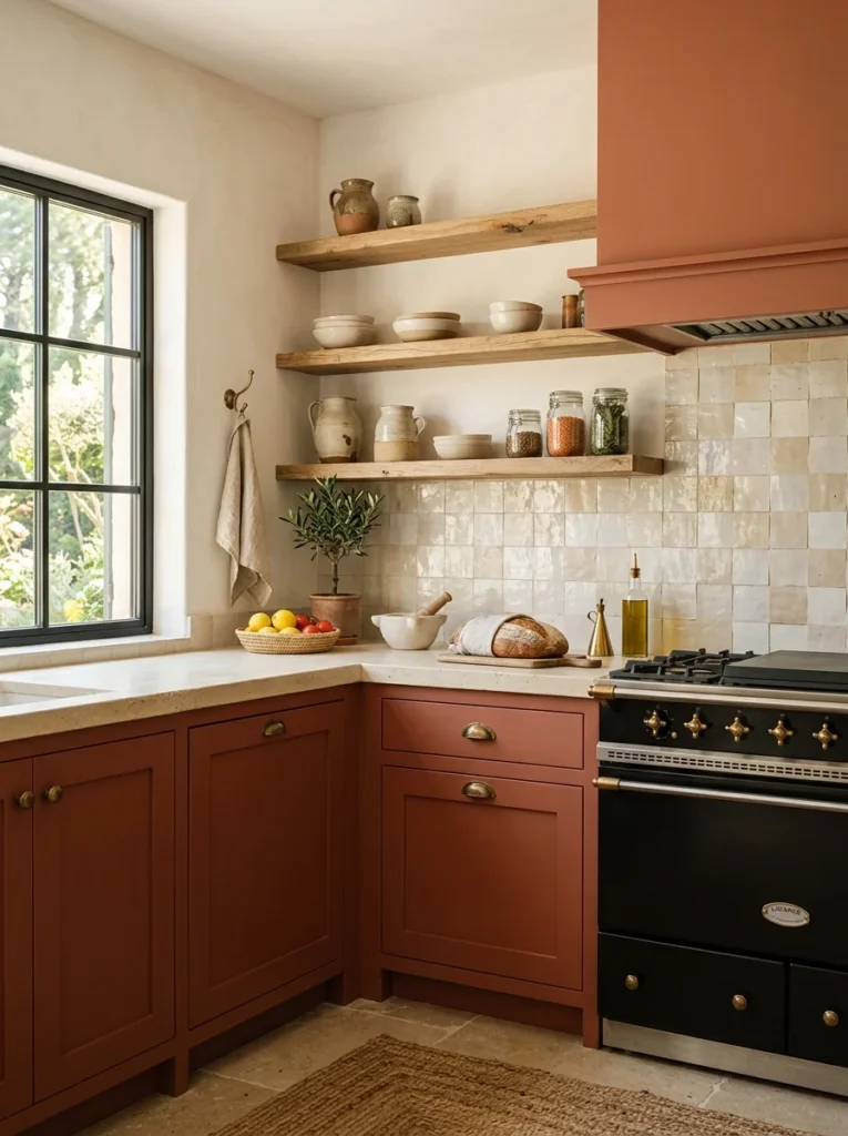 Earthy kitchen with warm terracotta cabinets and natural wood accents.