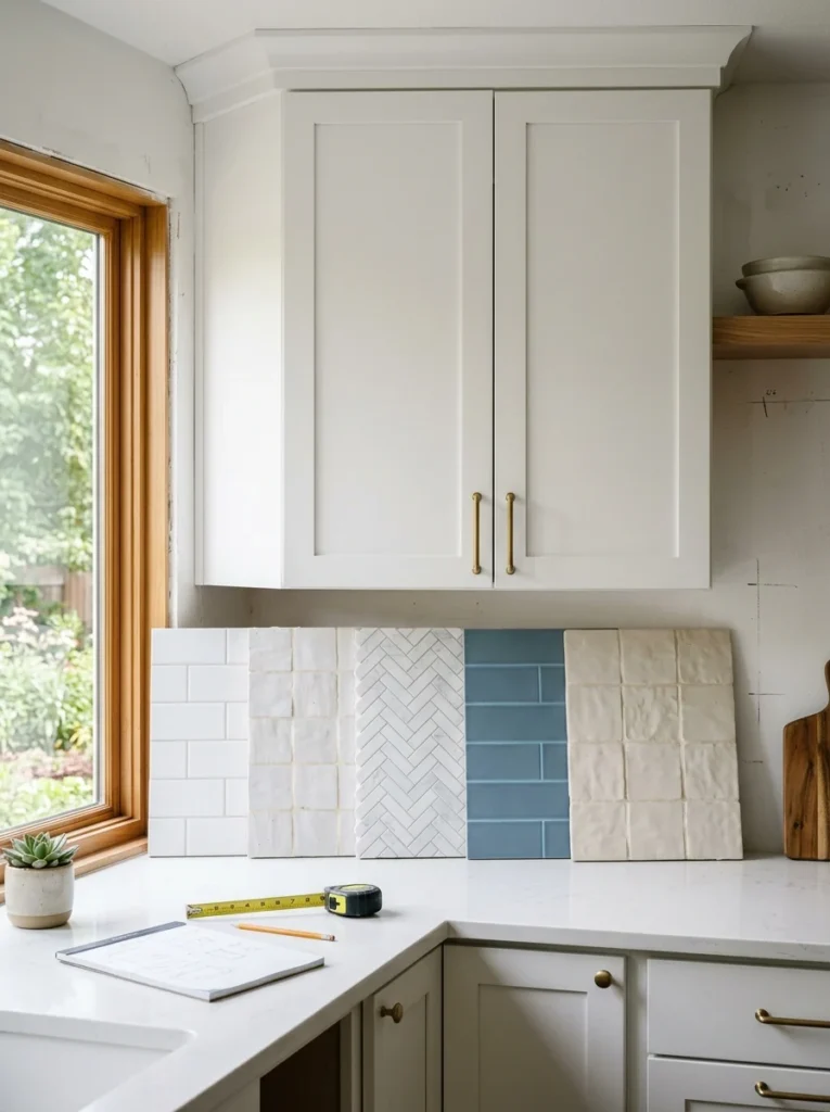 Backsplash tile samples being compared against white kitchen cabinets.