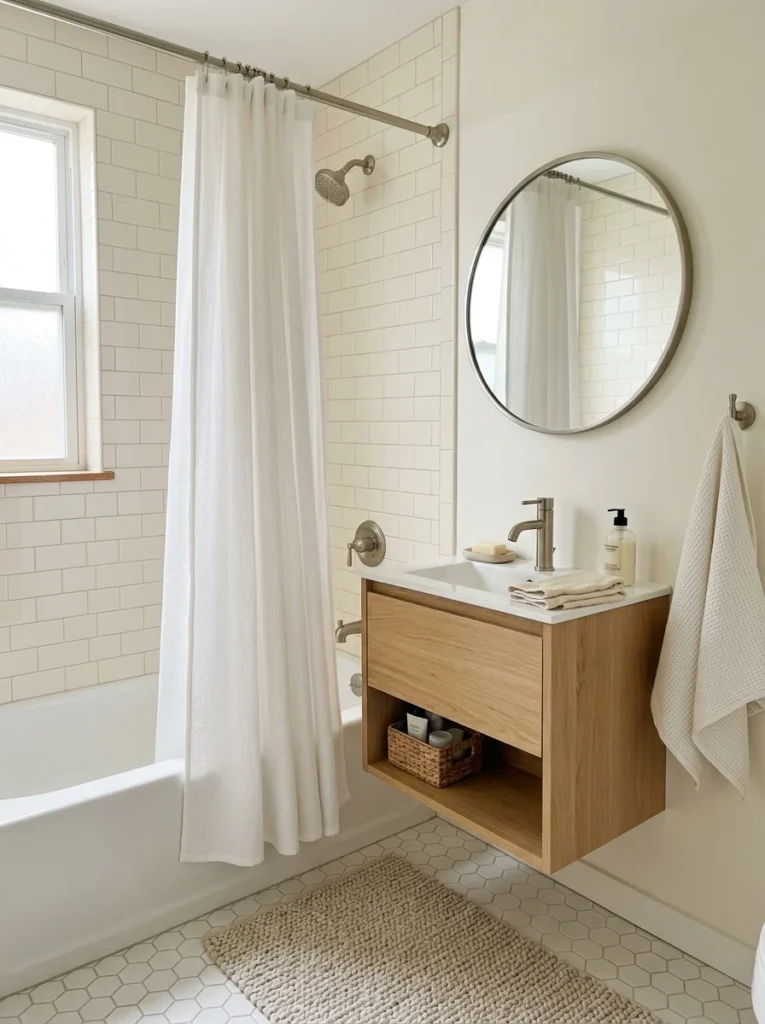 Small bathroom with a light white shower curtain that makes the space feel airy.