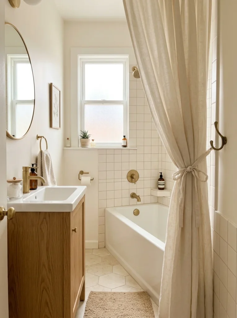 Small bathroom shower curtain tied back with a simple decorative wall hook.