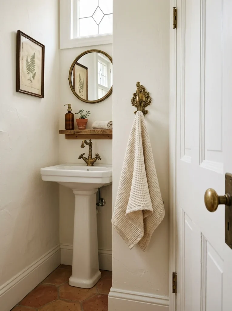 Small bathroom with a decorative brass hook holding a hand towel.