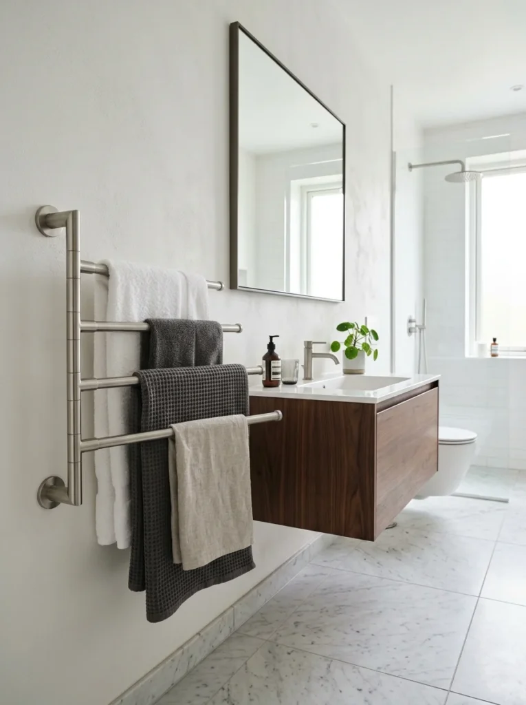 Swing-out multi-bar towel rack in a bathroom.