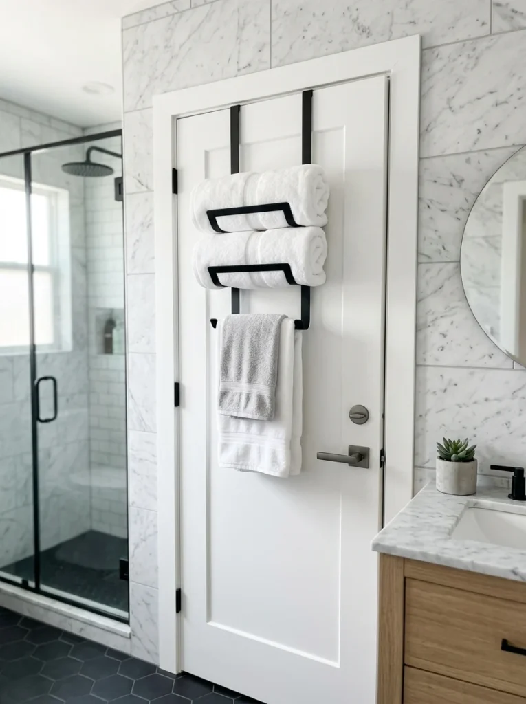 Over-the-door towel rack in a modern bathroom.