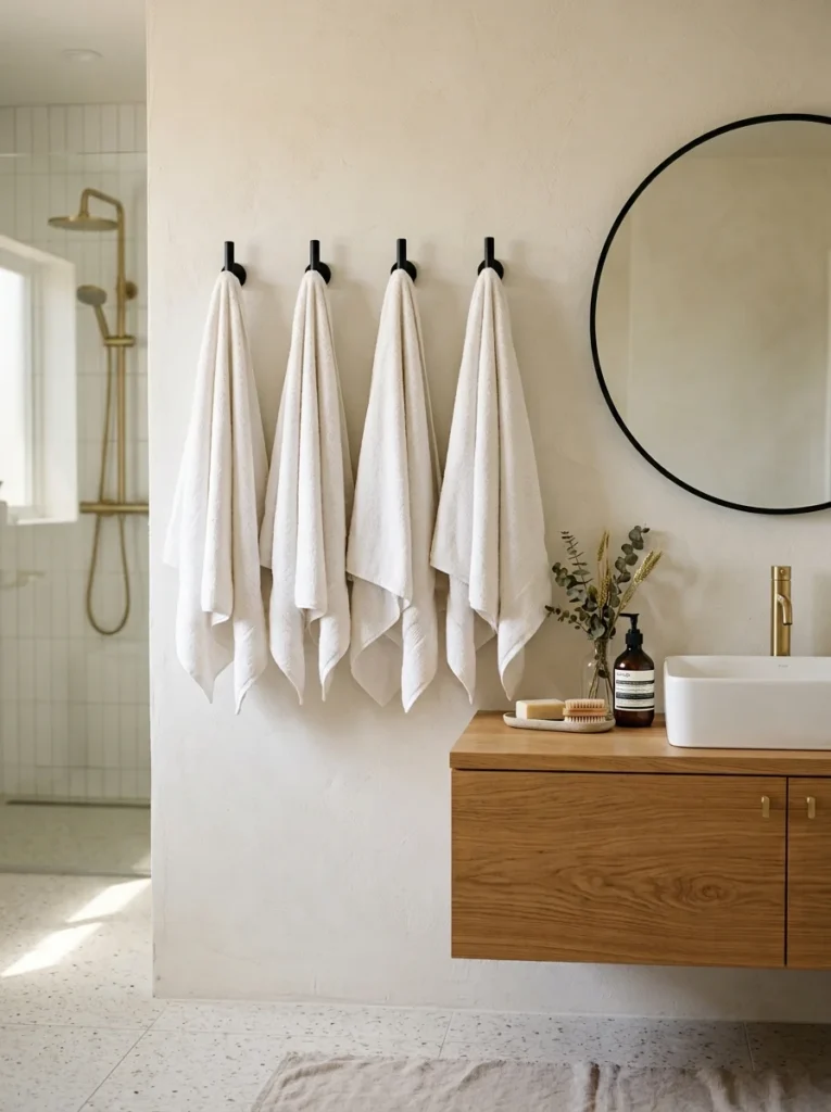 Matte black wall hooks for bathroom towels.