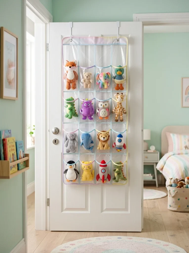 Clear over-the-door organizer holding small stuffed animals