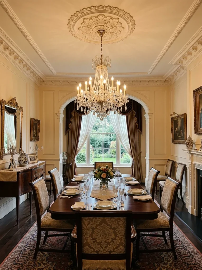 Modern dining room with an integrated dimmable LED linear chandelier.