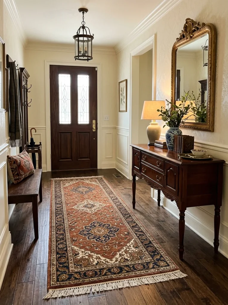 Bold colorful runner complementing a neutral entry door
