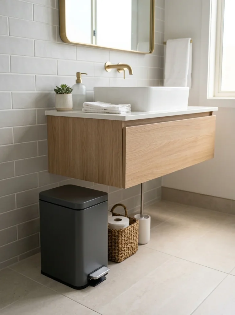 Hands-free bathroom trash can with a discreet foot-pedal lid.