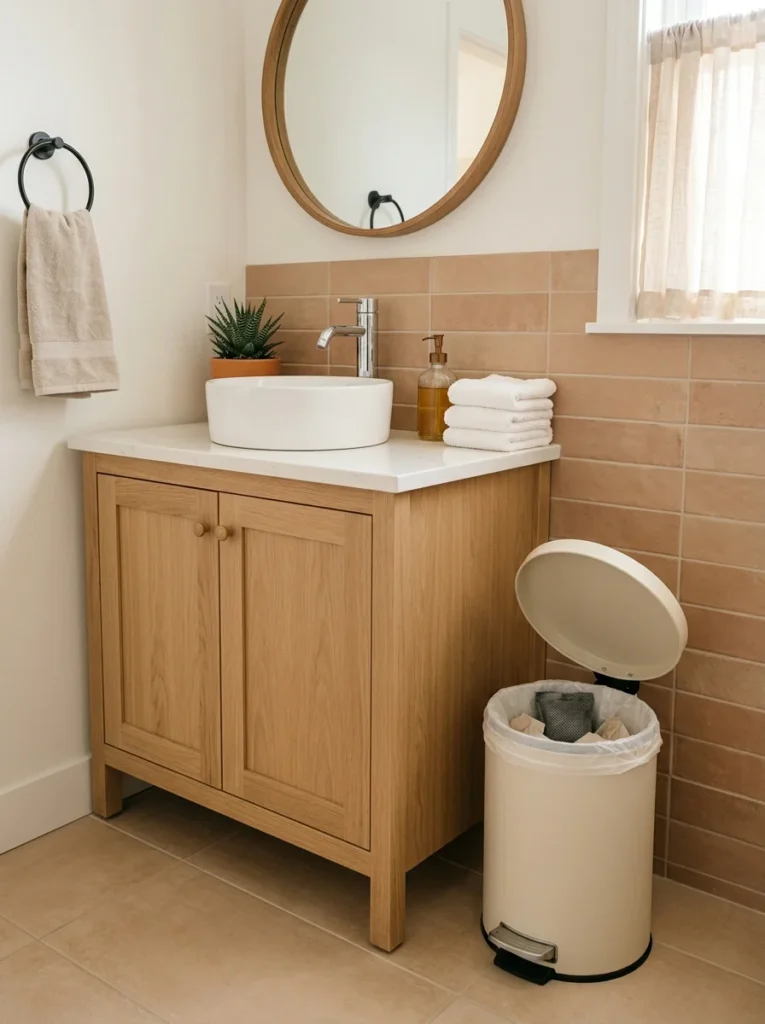 Lidded bathroom trash can with an odor-absorbing insert for freshness.