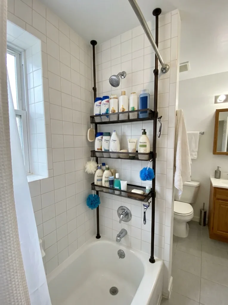 Tension rod shelving in a tub-shower combination