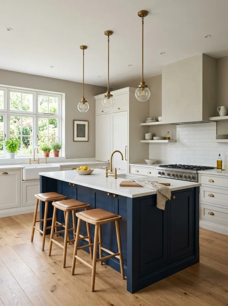 Warm greige walls provide a neutral backdrop for two-tone kitchen cabinets.