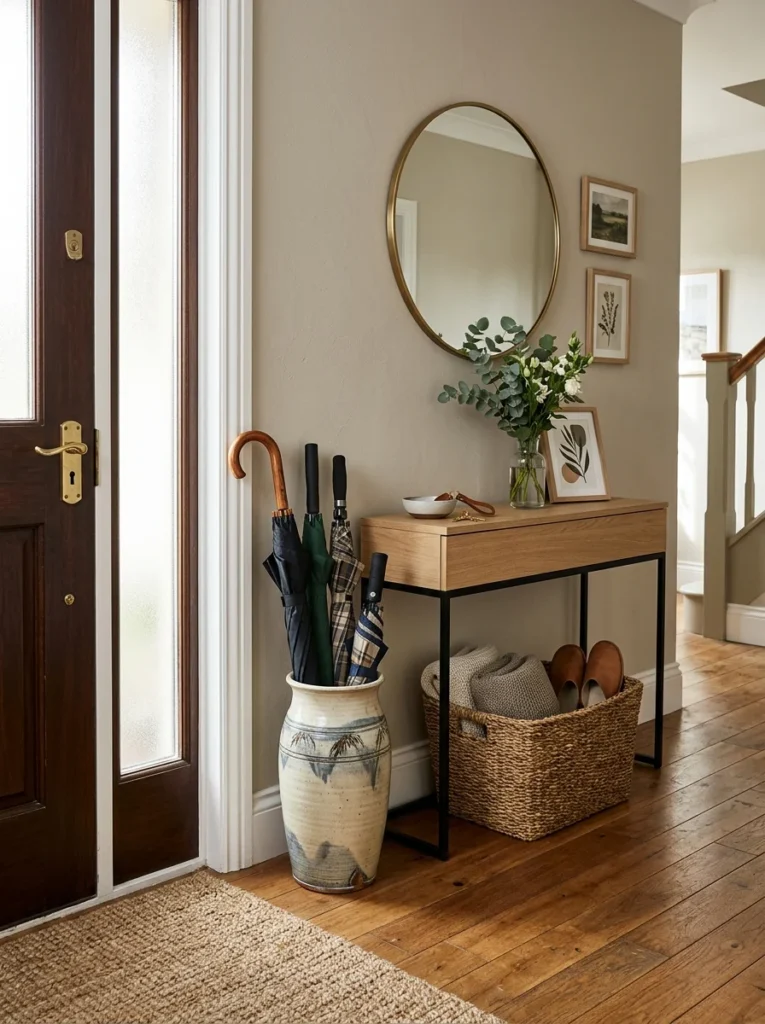Ceramic umbrella stand beside an entryway door