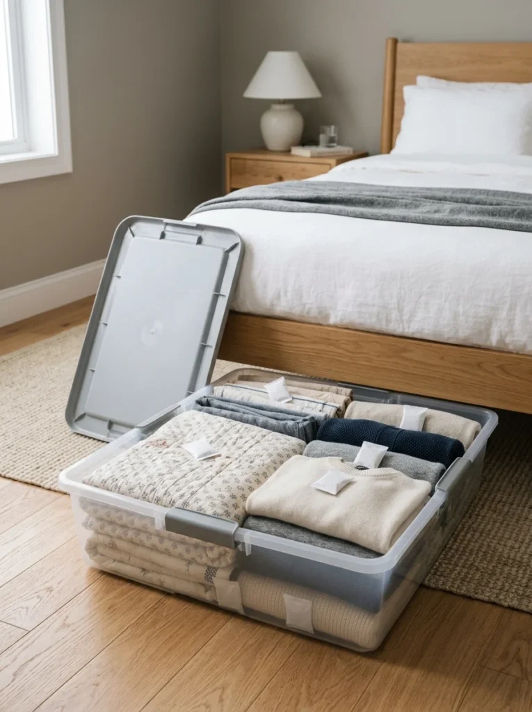 Emergency supplies organized in a container beneath a bed
