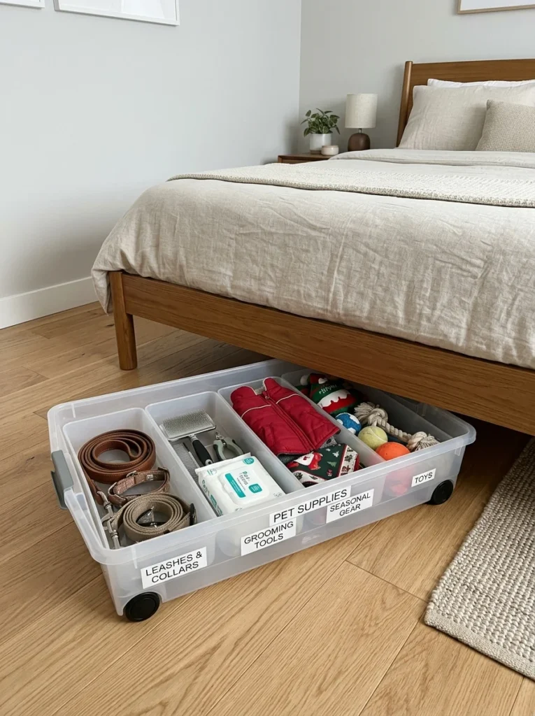 Breathable fabric bags protecting leather items under a bed