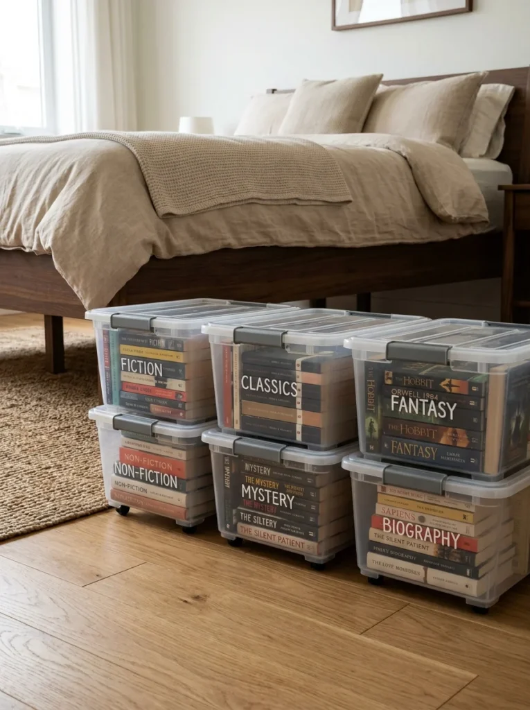 Sturdy storage containers holding books beneath a bed