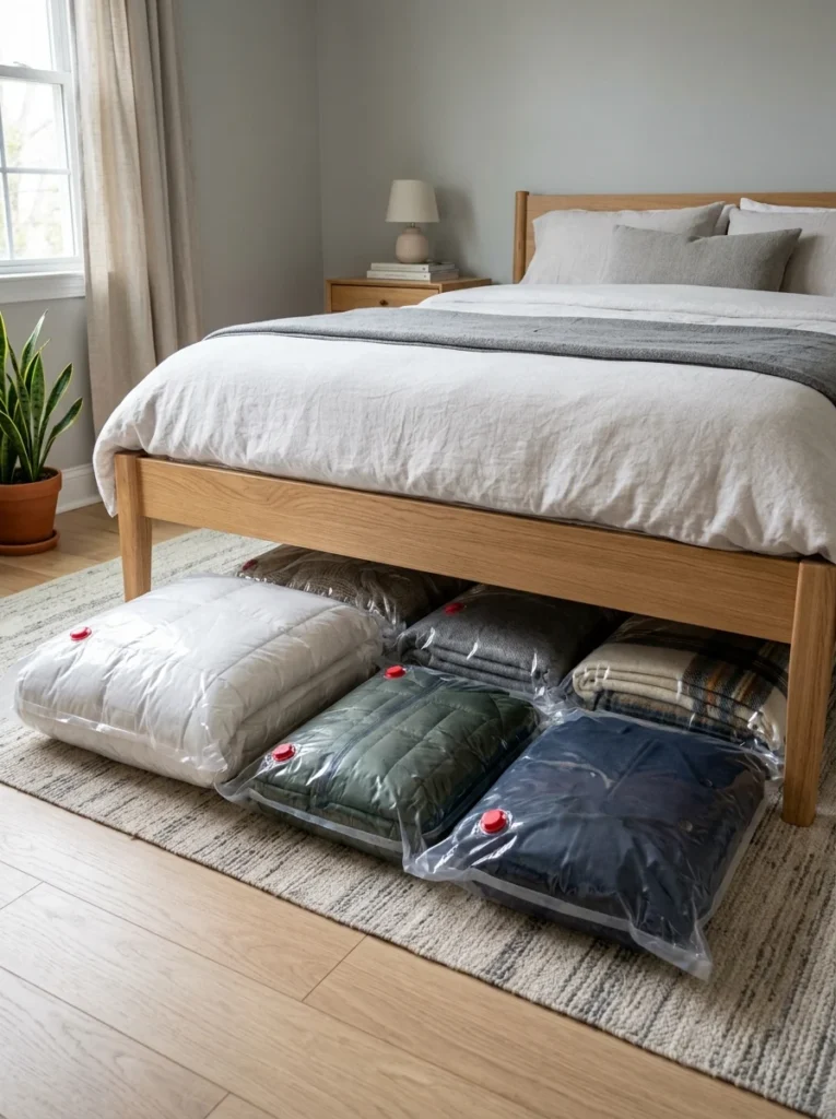 Vacuum-sealed bags storing bulky bedding beneath a bed