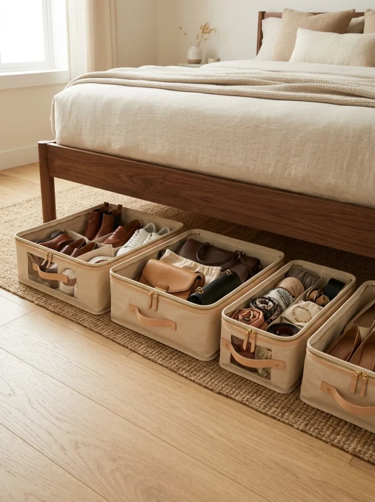 Moisture-control packets inside an under-bed storage bin