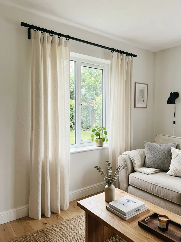 Existing living room curtains refreshed with new modern black hardware.