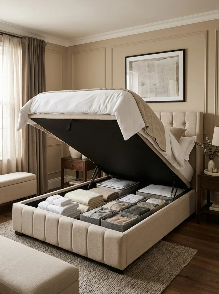 Seasonal clothing rotated in organized under-bed storage