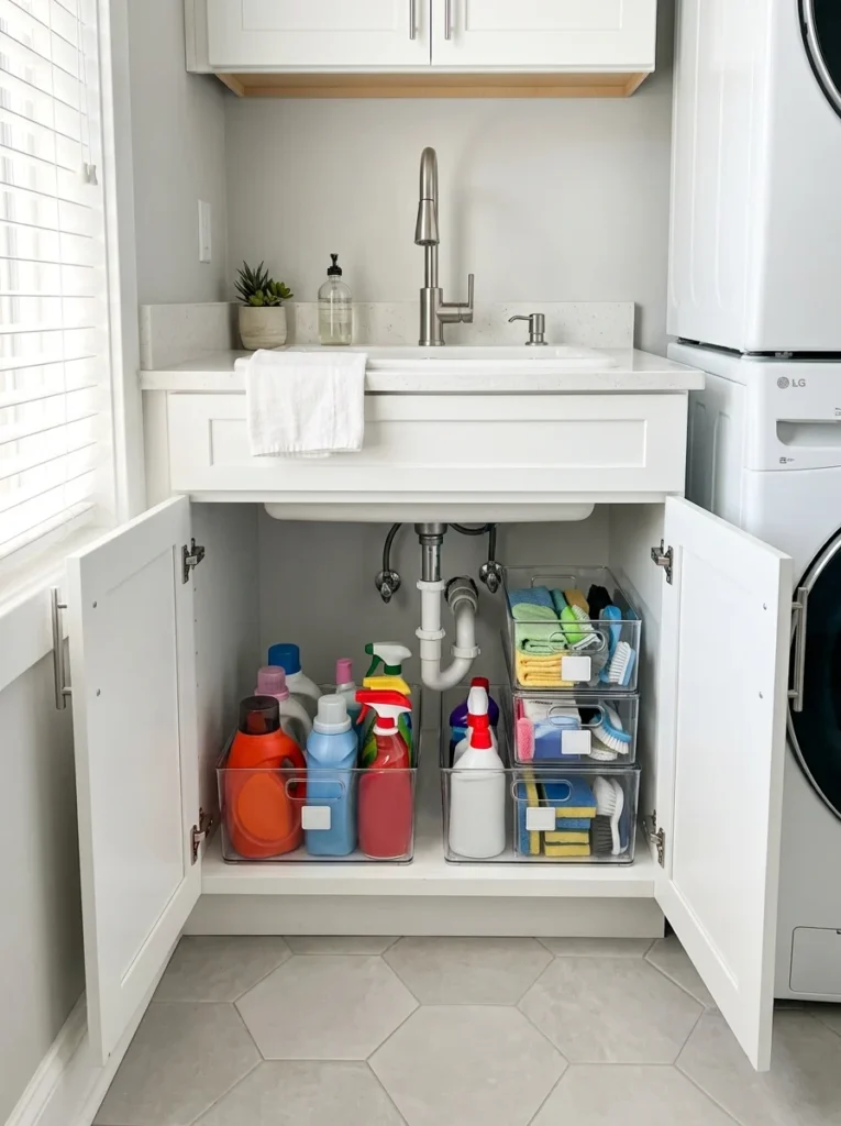 Vertical cabinet organizing brooms and mops in a laundry room
