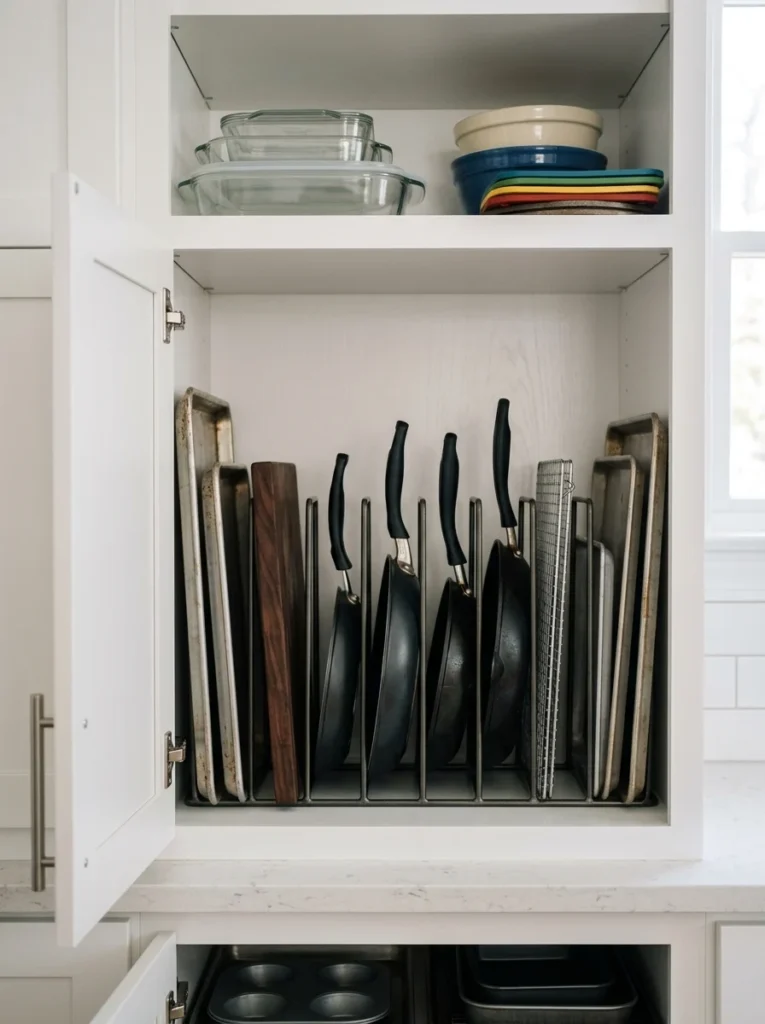 Vertical cabinet dividers storing pans upright