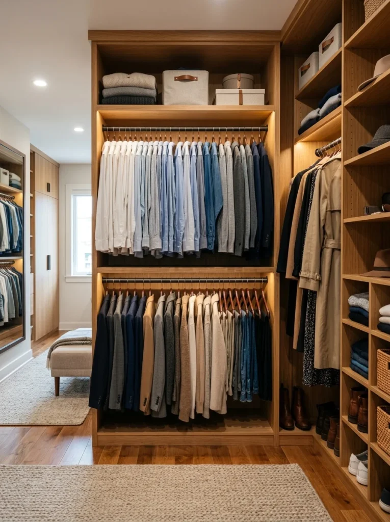 Double-hang rods maximizing vertical walk-in closet storage