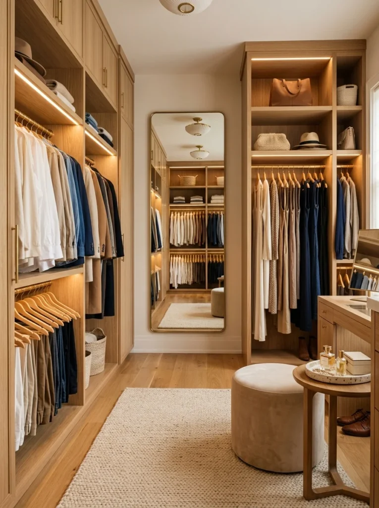 Full-length mirror inside an organized walk-in closet