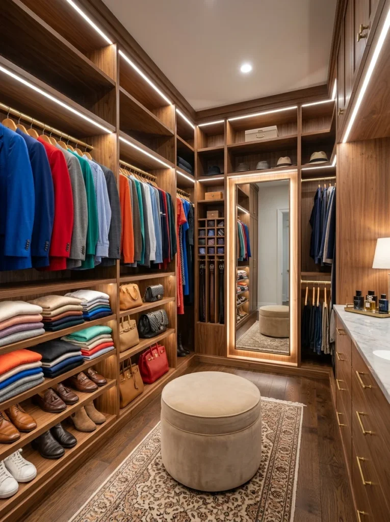 LED lighting illuminating shelves and clothing in a walk-in closet