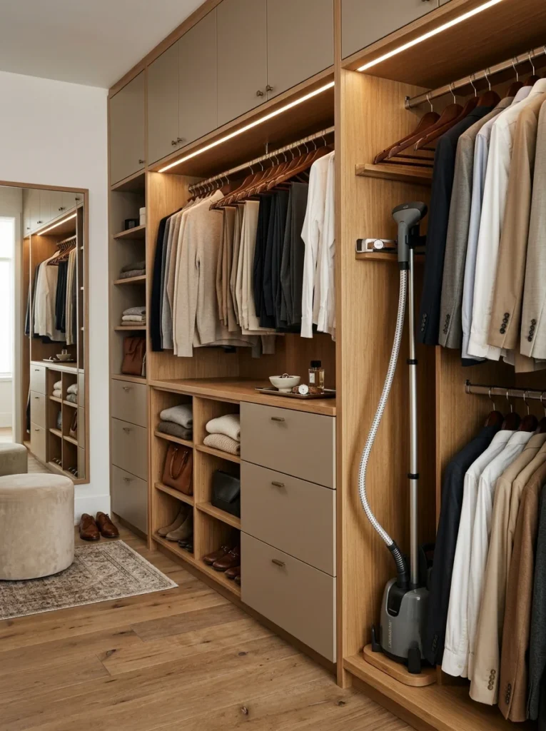 Labeled storage bins organized on high closet shelves