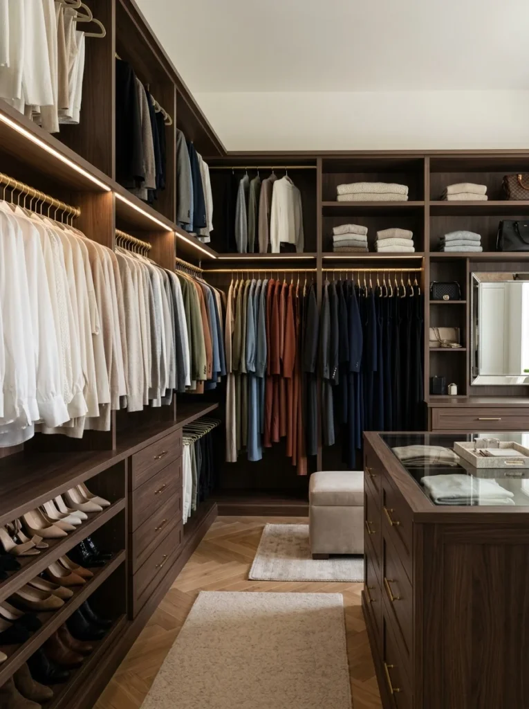 Walk-in closet clothing organized by color