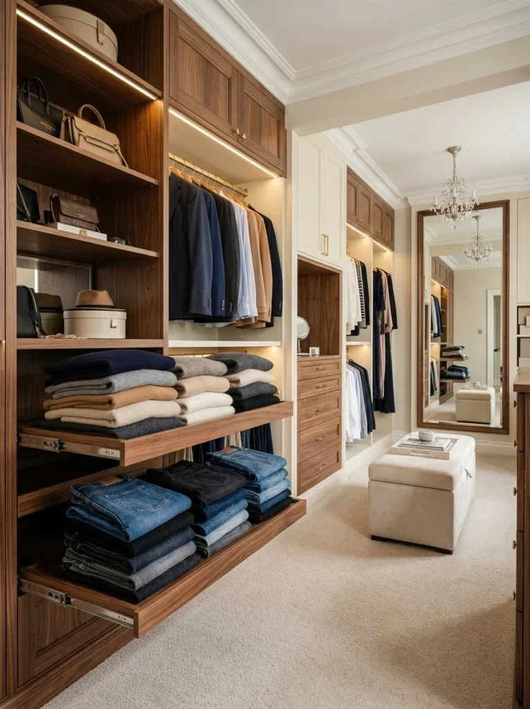 Pull-out shelves organizing folded clothes in a walk-in closet